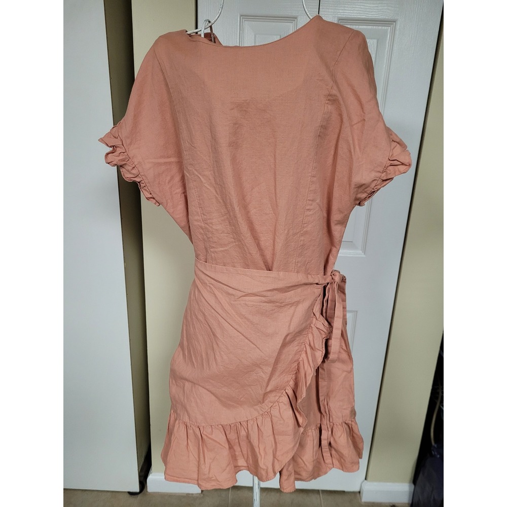 Sweet Claire Peach Coquette Ruffle Wrap Boho‎ Flutter Sleeve Mini Dress Size L
